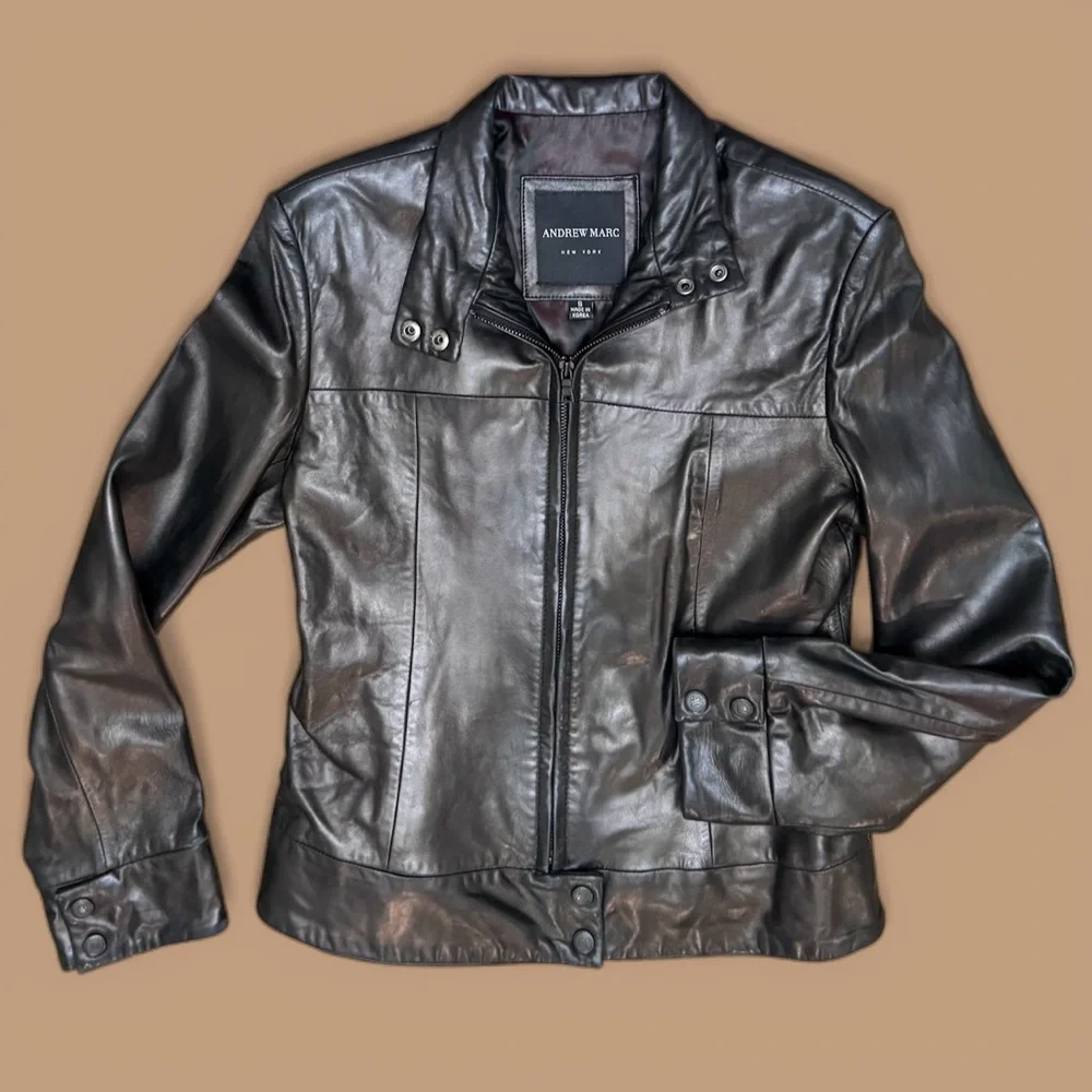 Andrew Marc New York soft black leather Racer Moto Jacket Snap Collar Size S - Picture 1 of 7